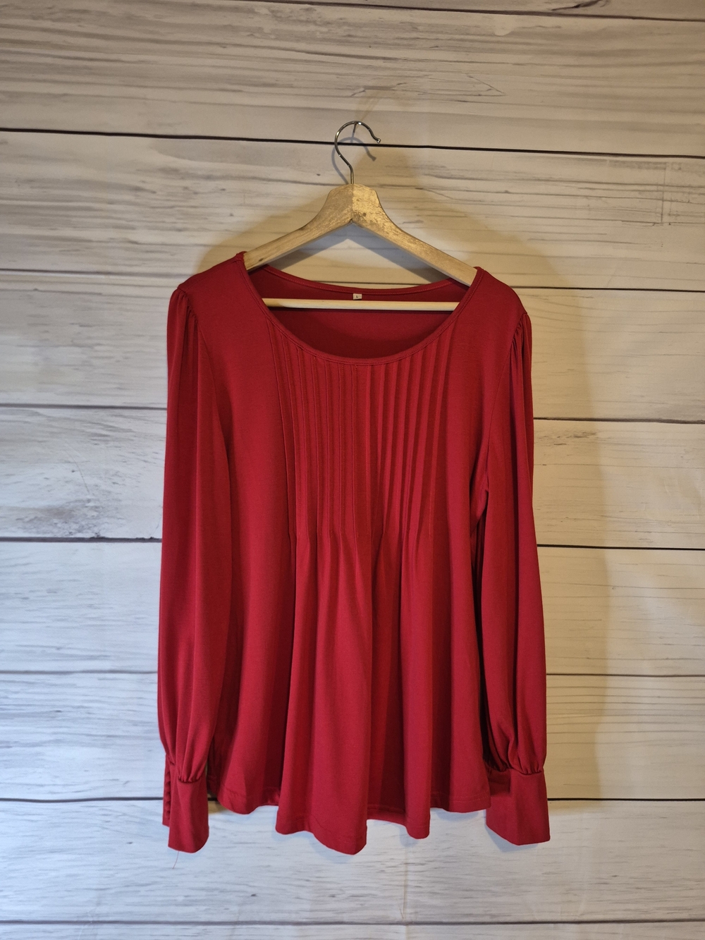 Women's Red Pleated Front Long-Sleeve Tee